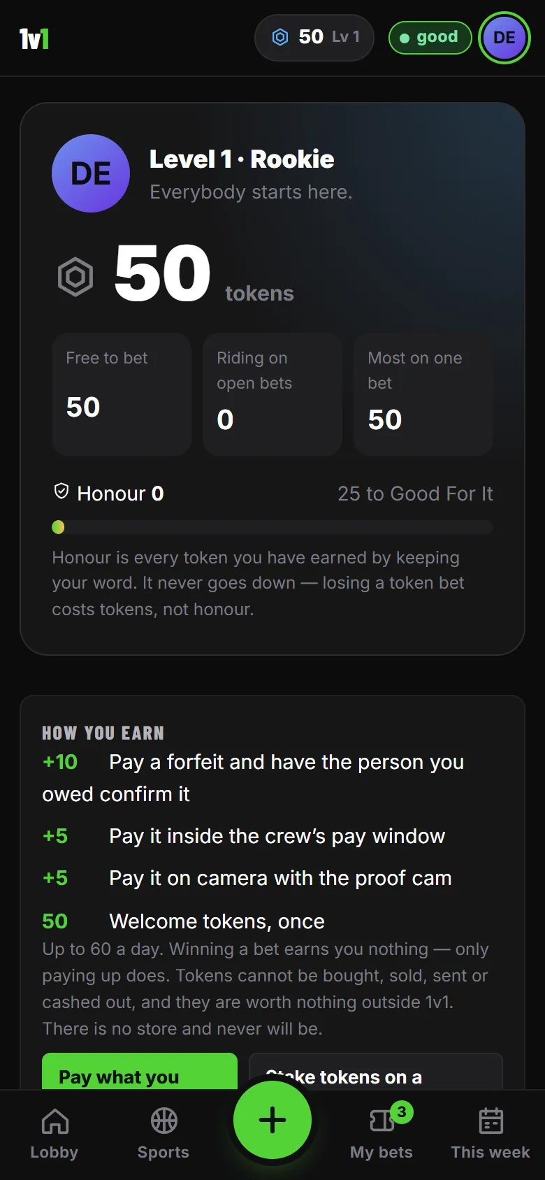 The tokens and honour screen